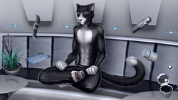  2014 3d_(artwork) abs adam_sung anthro black_body black_fur bottomwear closed_eyes clothed clothing crossed_legs crosslegged_pose digital_media_(artwork) domestic_cat drugs felid feline felis fur la_volpe male mammal meditation muscular muscular_anthro muscular_male pants pink_nose plant science_fiction skinny slim solo superpowers tablet telekinesis text topless watches white_body white_fur 