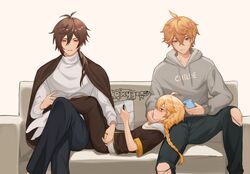  3boys aether_(genshin_impact) bangs black_hair blonde_hair blue_eyes blush book braid brown_hair closed_mouth clothes couch earrings eyebrows_visible_through_hair genshin_impact gloves gradient_hair grey_hoodie hair_between_eyes hair_ornament highres hood hoodie jewelry long_hair long_sleeves male_focus multicolored_hair multiple_boys orange_hair oxygen pants phone ponytail reading simple_background single_braid single_earring tartaglia_(genshin_impact) torn_clothes torn_pants twitter_username yellow_eyes zhongli_(genshin_impact) 