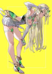  absurdres adjusting_hair bare_legs bent_over breasts cleavage_cutout clothing_cutout commentary_request ekitabu_hosii elbow_gloves female full_body gem gloves headpiece highres long_hair looking_at_viewer medium_breasts mythra_(xenoblade) simple_background solo standing thigh_strap tiara xenoblade_chronicles_(series) xenoblade_chronicles_2 yellow_background 