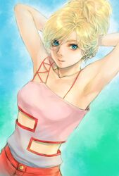  armpits arms_behind_head blonde_hair blue_eyes clothing_cutout collarbone elle_vianno female gundam gundam_zz highres looking_to_the_side nose pants red_pants shirt_tucked_in smile solo takeda_yuuko tied_hair upper_body 