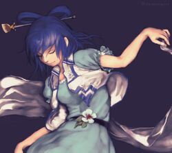  arm_up artist_name belt blue_dress blue_hair breasts closed_eyes closed_mouth commentary_request dark_background dress envenomist_(gengoroumaru) female flower hagoromo hair_between_eyes hair_ornament hair_rings hair_stick kaku_seiga medium_breasts medium_hair one-hour_drawing_challenge puffy_short_sleeves puffy_sleeves shawl short_sleeves simple_background smile solo touhou upper_body vest white_flower white_vest 