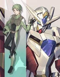  1boy blue_eyes green_eyes green_hair gundam gundam_00 hair_behind_ear helmet highres holding holding_helmet looking_at_viewer male_focus mecha mobile_suit nanao_parakeet normal_suit open_hand parted_lips pilot_suit reborns_gundam ribbons_almark robot science_fiction smile v-fin 