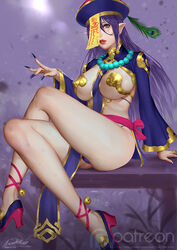  ariverkao artist_name between_breasts blurry blurry_background breasts crossed_legs female fingernails hat high_heels jewelry large_breasts long_hair long_sleeves looking_at_viewer necklace ofuda original patreon_logo patreon_username pelvic_curtain pointy_ears purple_background purple_hair revealing_clothes sharp_fingernails shrug_(clothing) sitting solo yellow_eyes 