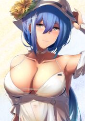  absurdres arm_up bare_shoulders bikini blue_hair blush breasts chest_belt choker cleavage collarbone detached_sleeves dp-12_(girls&#039;_frontline) dp-12_(morning_fable)_(girls&#039;_frontline) dress female flower girls&#039;_frontline grey_eyes hair_between_eyes hand_on_headwear hat highres ksvk_(girls&#039;_frontline) large_breasts long_hair sunflower sweat swimsuit wet wet_hair xlscaler 