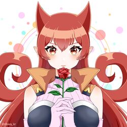  azazel_ameri bad_id bad_pixiv_id blush breasts commentary_request demon_girl elbow_gloves female flower gloves hair_between_eyes hair_horns holding holding_flower horns large_breasts long_hair looking_at_viewer mairimashita!_iruma-kun pointy_ears red_eyes red_flower red_hair red_rose rose sleeveless solo tibi09 upper_body very_long_hair 