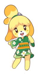  absurdres alternate_costume animal_crossing animal_ears artist_name black_eyes blonde_hair blush_stickers buck_teeth dog_ears dog_girl dog_tail female flat_chest floral_print full_body furry furry_female green_kimono hair_bobbles hair_ornament hair_tie hand_up happy highres isabelle_(animal_crossing) japanese_clothes kimono long_sleeves looking_at_viewer obi open_mouth sash short_hair signature simple_background smile solo standing starbirbz straight-on tail teeth topknot white_background wide_sleeves 