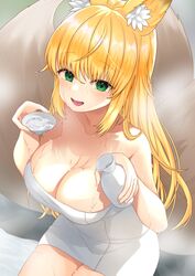  absurdres ahoge animal_ears bad_id bad_twitter_id bath blonde_hair bottle breasts cleavage cup female fox_ears fox_girl fox_tail green_eyes highres holding holding_bottle holding_cup indie_virtual_youtuber naked_towel oerba_yun_fang sakazuki shimonose_rina skin_fang solo tail teltelhousi tokkuri towel virtual_youtuber wet 