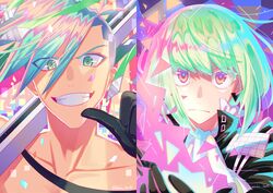  2boys absurdres ascot black_gloves blue_eyes blue_hair colored_eyelashes colorful fire galo_thymos gloves green_eyes green_fire green_hair grin highres lio_fotia male_focus multicolored_eyes multicolored_hair multiple_boys nekohai_darake pointing pointing_at_self promare purple_eyes purple_fire purple_hair pyrokinesis smile 