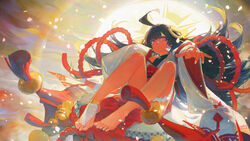  ahoge anklet asymmetrical_legwear barefoot bell black_hair bow creamyghost drum earrings falling_petals feet female hair_ornament halo highres instrument japanese_clothes jewelry kimono legs long_hair looking_at_viewer mizuhiki nail_polish original petals pink_eyes pointing red_bow red_ribbon ribbon robe solo toeless_legwear toenail_polish toenails toes very_long_hair wide_sleeves 