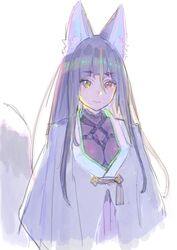  animal_ear_fluff animal_ears black_hair bodysuit bondage brown_eyes capelet closed_mouth commentary enkyo_yuuichirou female fox_ears fox_tail grey_capelet hair_between_eyes highres kitsunegasaki_tametsugu_(tenka_hyakken) long_hair looking_at_viewer multicolored_hair purple_bodysuit shibari_under_clothes simple_background solo streaked_hair tail tassel tenka_hyakken upper_body white_background 