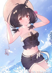  arms_up bare_arms bare_shoulders black_hair black_shirt black_shorts blush bow cowboy_shot crop_top day dutch_angle female granblue_fantasy hair_bobbles hair_ornament hairbow hands_on_headwear hat highres long_hair low_twintails midriff navel ocean outdoors parted_lips red_eyes shirt short_shorts short_twintails shorts solo standing strapless strapless_shirt sun_hat twintails vikala_(granblue_fantasy) vikala_(summer)_(granblue_fantasy) wading water yellowpaint. 