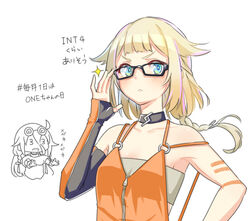  2girls 3_3 adjusting_eyewear black-framed_eyewear blonde_hair blue_eyes blunt_bangs blush cevio chibi chibi_inset choker choppy_bangs coke-bottle_glasses commentary dress elbow_gloves fingerless_gloves glasses gloves halterneck highres ia_(vocaloid) long_hair looking_at_viewer multiple_girls one_(cevio) orange_dress outstretched_arms ponytail shiyoheee short_bangs sidelocks translated vocaloid white_background 