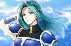  aqua_hair armor blue_eyes blue_gloves bodysuit breastplate cloud cloudy_sky commentary_request day delsaber elbow_gloves female fiora_(fire_emblem) fire_emblem fire_emblem:_the_blazing_blade gloves hand_in_own_hair lips long_hair looking_at_viewer outdoors parted_bangs sky smile solo string upper_body wind 