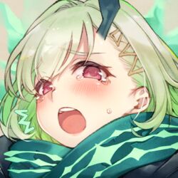  :o beige_background blush crying crying_with_eyes_open female green_hair hair_between_eyes hair_ornament horns little_match_girl_(sinoalice) looking_at_viewer open_mouth profile red_eyes scarf short_sleeves simple_background single_horn sinoalice solo tears teroru 