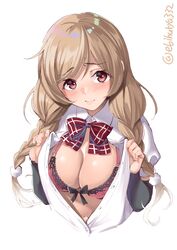  absurdres arm_warmers blush bow bowtie bra breasts buttons cropped_torso ebifurya enty_reward female highres kantai_collection large_breasts light_brown_hair long_hair minegumo_(kancolle) navel open_clothes open_shirt paid_reward pink_bra red_bow red_bowtie red_eyes shirt simple_background solo twintails twitter_username underwear upper_body white_background white_shirt 