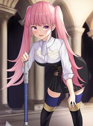  absurdres axe belt black_footwear blue_thighhighs blurry blurry_background blush boots breasts commentary_request dress female fire_emblem fire_emblem:_three_houses garreg_mach_monastery_uniform hako_momiji hand_on_hilt hand_on_own_knee highres hilda_valentine_goneril indoors leaning_forward long_hair looking_at_viewer medium_breasts neckerchief open_mouth pillar pink_hair purple_eyes short_dress solo thigh_boots thighhighs thighhighs_under_boots twintails zettai_ryouiki 