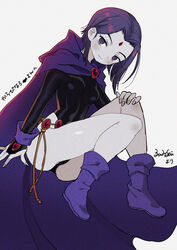  absurdres animification belt black_leotard boots breasts cloak colored_skin female forehead_jewel full_body grey_skin highleg highleg_leotard highres hood hood_down knees_up leotard looking_at_viewer medium_breasts purple_cloak purple_footwear purple_hair raven_(dc) short_hair simple_background smile solo teen_titans white_background zinbei 