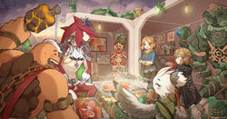  1other 2girls 4boys beak big_cat_shan bird_boy cardboard_cutout character_doll cloak colored_skin cooking daruk drawing_(object) evening flower_wreath food gerudo goron highres hover_scooter hudson_(zelda) korok light_dragon_(zelda) link mineru_(zelda) mipha multiple_boys multiple_girls night picture_frame pointy_ears princess_zelda rauru_(tears_of_the_kingdom) red_skin revali riju rito sidon sonia_(zelda) the_legend_of_zelda the_legend_of_zelda:_tears_of_the_kingdom tulin_(zelda) urbosa wolf_link yunobo zonai_device zora 