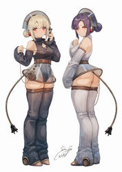  2girls :o antique_phone ass bare_shoulders black_hair black_legwear black_leotard blonde_hair breasts brown_footwear cable cable_tail cleavage_cutout closed_mouth clothing_cutout commentary_request corded_phone detached_sleeves double_bun earrings electric_plug electric_plug_tail expressionless full_body hair_between_eyes hair_bun half-closed_eyes hand_up headdress high-waist_skirt highleg highleg_leotard highres holding holding_phone jewelry legs_together leotard long_sleeves looking_at_viewer looking_to_the_side matching_earrings matching_hairstyle matching_outfits mechanical_tail multiple_girls obiwan original parted_bangs phone red_eyes rotary_phone see-through see-through_skirt short_hair sidelocks signature simple_background skindentation skirt sleeves_past_wrists small_breasts standing striped_clothes striped_leotard striped_thighhighs tail talking_on_phone taut_clothes thighhighs turtleneck vertical-striped_clothes vertical-striped_thighhighs white_background white_legwear white_leotard 