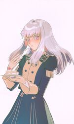  cake closed_mouth commentary_request eating female fire_emblem fire_emblem:_three_houses food food_on_face fork garreg_mach_monastery_uniform holding holding_fork holding_plate kkia long_hair long_sleeves lysithea_von_ordelia pink_eyes plate simple_background solo uniform white_background white_hair 