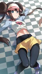  arm_up black_pantyhose blue_eyes bright_pupils brown_hair checkered_floor closed_mouth clothes_lift clothes_pull commentary_request double_bun doughnut_hair_bun female from_above hair_bun highres long_hair navel pantyhose pokemon pokemon_bw2 raglan_sleeves rosa_(pokemon) shirt_lift shorts shorts_pull solo tokumaro twintails visor_cap white_pupils yellow_shorts 