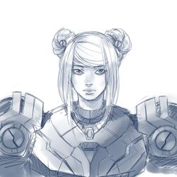  armor double_bun female hair_bun long_hair looking_at_viewer metroid metroid_dread mole mole_under_mouth monochrome power_suit power_suit_(metroid) samus_aran sidelocks simple_background smile solo stup-jam white_background 