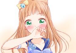  aikatsu!_(series) aikatsu_stars! armpit_peek bell blue_bow blue_dress blunt_bangs blush bow bowtie choppy_bangs collarbone commentary_request covering_own_mouth dress dress_flower female gradient_background green_eyes green_pupils hair_bell hair_ornament hairbow hand_over_own_mouth long_hair looking_at_viewer orange_background orange_hair sanpaku saotome_ako sidelocks sleeveless sleeveless_dress solo tiramisu651 upper_body white_background yellow_bow 