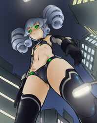  alloyrabbit black_bra black_gloves black_panties black_sister black_thighhighs bra commentary drill_hair elbow_gloves english_commentary female flat_chest from_below giant giantess gloves green_eyes grey_hair highres long_hair looking_at_viewer lying navel neptune_(series) on_back panties solo thighhighs twin_drills twintails underwear 