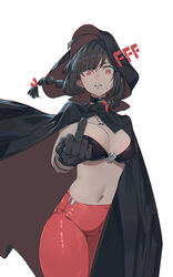  absurdres ahoge black_bra black_cloak black_gloves black_hair bra braid breasts cloak commentary female gloves hair_ribbon highres hood hood_up hooded_cloak huang_(volt0526) long_hair looking_at_viewer medium_breasts middle_finger navel necktie no_shirt original pants red_cloak red_eyes red_pants red_ribbon ribbon simple_background solo standing stomach twin_braids twintails underwear white_background 