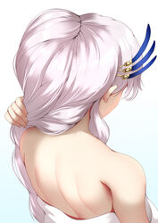  back back_focus bare_back commentary feather_hair_ornament feathers female from_behind grey_hair hadant hair_behind_ear hair_ornament holding holding_own_hair hololive hololive_indonesia indonesian_commentary long_hair median_furrow naked_towel nape pavolia_reine solo towel upper_body virtual_youtuber 