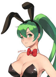  alternate_costume animal_ears armpits artist_name bow bowtie breasts cleavage close-up covered_nipples detached_collar english_commentary fake_animal_ears female fire_emblem fire_emblem:_the_blazing_blade green_hair leotard light_blush looking_at_viewer lyn_(fire_emblem) medium_breasts playboy_bunny ponytail rabbit_ears red_bow red_bowtie sideboob smile solo spiffydc 