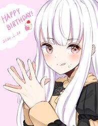  closed_mouth commentary_request dated female fire_emblem fire_emblem:_three_houses food food_on_face hako_momiji happy_birthday highres licking_lips long_hair long_sleeves lysithea_von_ordelia own_hands_together pink_eyes simple_background solo tongue tongue_out upper_body white_hair 