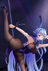  absurdly_long_hair animal_ears arm_strap azur_lane bent_over bodystocking breasts cleavage fake_animal_ears female flexible high_kick highres jzby kicking leg_lift leg_up leotard long_hair new_jersey_(azur_lane) new_jersey_(exhilarating_steps!)_(azur_lane) official_alternate_costume pantyhose playboy_bunny pole pole_dancing purple_leotard rabbit_ears see-through see-through_cleavage solo split standing standing_on_one_leg standing_split strapless strapless_leotard stripper_pole thighband_pantyhose v very_long_hair 