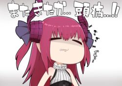  =_= bare_shoulders blue_ribbon chibi clenched_teeth closed_eyes commentary_request curled_horns dragon_horns elizabeth_bathory_(fate) elizabeth_bathory_(fate/extra_ccc) elizabeth_bathory_(second_ascension)_(fate) facing_viewer fate/extra fate/extra_ccc fate_(series) female gradient_background grey_background hair_between_eyes hair_ribbon highres horns i.u.y long_hair parted_lips purple_hair ribbon shirt sleeveless sleeveless_shirt solo teeth translation_request two_side_up upper_body white_background white_shirt 