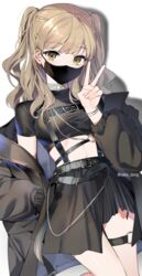  banned_artist black_jacket black_shirt black_skirt blonde_hair breasts crop_top female hand_in_pocket hand_up highres jacket large_breasts long_hair long_sleeves looking_at_viewer mask midriff mouth_mask nijisanji off_shoulder open_clothes open_jacket puffy_long_sleeves puffy_sleeves sake_dong shirt short_sleeves sister_cleaire skirt solo thigh_strap two_side_up v virtual_youtuber yellow_eyes 