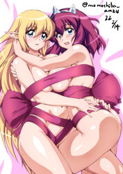  2girls ass blonde_hair blue_eyes breast_press breasts convenient_censoring crown elf henrietta_de_tristain large_breasts long_hair medium_hair multiple_girls nafta naked_ribbon navel pointy_ears purple_hair ribbon symmetrical_docking tiffania_westwood very_long_hair zero_no_tsukaima 