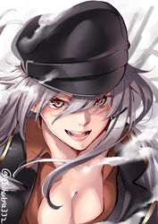  absurdres black_hat breasts cleavage ebifurya enty_reward female gangut_(kancolle) grey_hair hair_between_eyes hair_ornament hairclip hat highres jacket kantai_collection large_breasts lips long_hair open_mouth orange_eyes paid_reward peaked_cap red_shirt scar scar_on_face shirt smile solo twitter_username white_jacket 