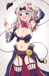  ^^^ absurdres arm_up armpits belt bikini black_bow blue_bikini blue_eyes blue_sleeves blue_thighhighs blunt_bangs blush bow bowtie breasts brown_belt cleavage commentary_request cosplay covered_nipples cowboy_shot crisis_management_form_(machimazo) curled_horns demon_girl demon_horns demon_tail detached_collar detached_sleeves double_v eggman_(pixiv28975023) embarrassed emphasis_lines female frilled_sleeves frills fujiwara_chika garter_straps hairbow hand_up highres horns kaguya-sama_wa_kokurasetai_~tensai-tachi_no_renai_zunousen~ kohara_konomi large_breasts long_hair looking_at_viewer machikado_mazoku navel open_mouth pink_hair red_bow red_bowtie revealing_clothes showgirl_skirt smile solo stomach strapless strapless_bikini swimsuit tail thighhighs v v_over_head voice_actor_connection waist_cape wide_sleeves yoshida_yuuko_(machikado_mazoku) yoshida_yuuko_(machikado_mazoku)_(cosplay) 