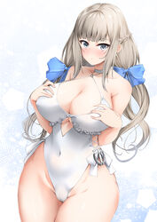  anchor_ornament blue_bow blue_eyes bow braid breasts casual_one-piece_swimsuit choker collarbone comiket_101 commentary_request cosplay covered_navel curvy female french_braid hairbow highleg highleg_swimsuit highres huge_breasts kantai_collection kuon_(break_through) light_brown_hair long_hair low_twintails maryland_(kancolle) one-piece_swimsuit sagiri_(kancolle) sagiri_(kancolle)_(cosplay) sagiri_kai_(swimsuit_mode)_(kancolle) shawl side-tie_swimsuit solo swimsuit thick_thighs thighs twintails white_choker white_one-piece_swimsuit white_shawl 