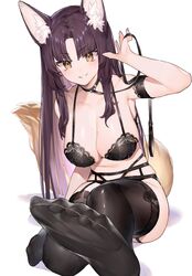  absurdres animal_ear_fluff animal_ears black_bra black_collar black_thighhighs bra breasts brown_eyes brown_hair cleavage collar commentary english_commentary feet female foot_focus fox_ears fox_girl fox_tail hand_in_own_hair highres kamidori_alchemy_meister kohakuren large_breasts leaning_forward leash long_hair neonbeat no_shoes parted_bangs smile soles solo tail thighhighs underwear underwear_only v-shaped_eyebrows 