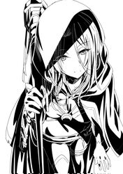  beatrix_(kage_no_jitsuryokusha_ni_naritakute!) breasts cleavage cloak closed_mouth feet_out_of_frame female from_above gloves greyscale hair_between_eyes high_contrast highres holding holding_sword holding_weapon hood hood_up hooded_cloak jewelry kage_no_jitsuryokusha_ni_naritakute! katana light_smile long_hair looking_at_viewer midriff monochrome nakanishi_kazuya necklace over_shoulder pendant short_shorts shorts simple_background single_thighhigh solo standing sword thighhighs thighlet weapon weapon_over_shoulder white_background 