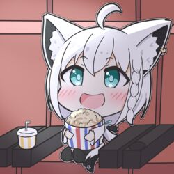  ahoge animal_ear_fluff animal_ears blush braid chibi commentary_request cup disposable_cup earrings female food fox_ears fox_girl fox_tail green_eyes hair_between_eyes highres holding holding_food hololive jewelry long_hair movie_theater open_mouth pentagram popcorn rururaroru shirakami_fubuki shirakami_fubuki_(1st_costume) sidelocks single_braid sitting solo tail virtual_youtuber white_hair 