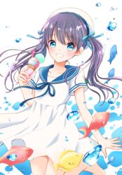  :d blue_eyes blue_ribbon blue_sailor_collar collarbone commentary dress eyelashes female fish food hair_between_eyes hair_ribbon holding holding_food ice_cream long_hair looking_at_viewer open_mouth original purple_hair ribbon sailor_collar short_sleeves smile solo tiramisu651 twintails white_dress white_headwear 