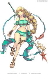  bare_shoulders bikini blonde_hair breasts brown_footwear brown_gloves cleavage commentary english_commentary female fingerless_gloves fire_emblem fire_emblem:_three_houses fire_emblem_heroes full_body gloves gofelem green_bikini green_eyes green_ribbons green_shorts hair_ribbon holding holding_weapon ingrid_brandl_galatea ingrid_brandl_galatea_(summer) long_hair medium_breasts navel off-shoulder_bikini off_shoulder polearm ribbon sandals short_shorts short_sleeves shorts simple_background smile solo starpoint_lance_(fire_emblem) stomach swimsuit thighs weapon white_background 