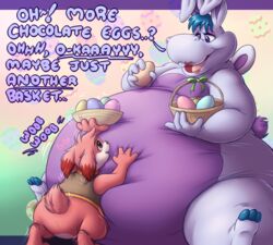  2022 anthro ass basket belly big_belly bottomless bottomless_anthro buckteeth cave_story clothed clothing common_hippopotamus container countershade_belly countershading dialogue disney ears_down easter egg eye_contact female food fur hair hand_on_belly heart_symbol hippopotamid holding_basket holding_container holding_egg holding_food holding_object holidays hoppopotamus_(the_wuzzles) hybrid hyper_pear lagomorph leporid looking_at_another male mammal mimiga monobutt morbidly_obese morbidly_obese_anthro morbidly_obese_female mostly_nude nude obese obese_anthro obese_female open_mouth overweight overweight_anthro overweight_female paws pivoted_ears rabbit scott_calico scut_tail short_tail sitting size_difference tail tail_motion tailwag teeth text the_wuzzles wings 