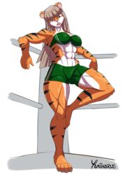  absurd_res anthro black_stripes claws extinct felid female fighting_ring hi_res liane_saber mammal muscular muscular_female pantherine pose prehistoric_species saber-toothed_tiger solo stripes tiger vael yamiikarus 