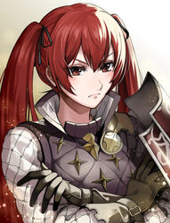  armor blush closed_mouth commentary_request crossed_arms delsaber female fire_emblem fire_emblem_fates gambeson gloves hair_between_eyes hair_ribbon leather leather_gloves light_particles lips long_hair long_sleeves looking_at_viewer red_eyes red_hair ribbon selena_(fire_emblem_fates) shirt shoulder_armor solo straight_hair twintails upper_body vest 