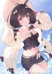  arms_up bare_shoulders black_hair black_shirt black_shorts blush bow brown_jacket closed_mouth cowboy_shot crop_top day dutch_angle female granblue_fantasy hair_bobbles hair_ornament hairbow hands_on_headwear hat highres jacket long_hair low_twintails midriff navel ocean open_clothes open_jacket outdoors red_eyes shirt short_shorts short_twintails shorts smile solo standing strapless strapless_shirt sun_hat twintails vikala_(granblue_fantasy) vikala_(summer)_(granblue_fantasy) wading water yellowpaint. 