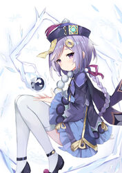  absurdres bead_necklace beads black_footwear blue_dress blush braid closed_mouth commentary cropped_jacket dress female fuyuki030 genshin_impact hair_ornament hair_ribbon hand_up hat highres ice jacket jewelry knees_up long_hair long_sleeves looking_away looking_to_the_side necklace ofuda purple_eyes purple_hair purple_hat purple_jacket purple_ribbon qingdai_guanmao qiqi_(genshin_impact) ribbon shoes short_eyebrows single_braid sleeves_past_wrists snowflakes solo thick_eyebrows thighhighs very_long_hair vision_(genshin_impact) white_background white_thighhighs wide_sleeves yin_yang 