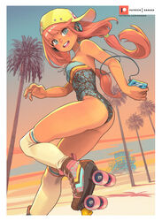  ass backwards_hat baseball_cap blue_eyes blue_one-piece_swimsuit breasts cable cassette_player casual_one-piece_swimsuit commentary day english_commentary female fingernails floral_print freckles hat headphones highleg highleg_swimsuit listening_to_music long_hair low_twintails making-of_available one-piece_swimsuit open_mouth original outdoors over-kneehighs palm_tree patreon_username pink_hair print_swimsuit roller_skates skates small_breasts solo spaghetti_strap strap_gap swimsuit tan teeth thighhighs thighs tree twintails twisted_torso upper_teeth_only vaporwave walkman white_thighhighs xaxaxa yellow_hat 